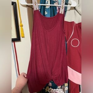 Burgundy Embroidered Strap Flouncy Tank
